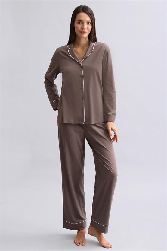 Mısırlı Kadın %100 Pamuk Pijama Takımı Kahverengi
