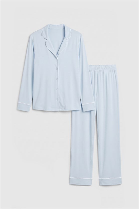 Mısırlı Kadın %100 Pamuk Pijama Takımı Bebe Mavi