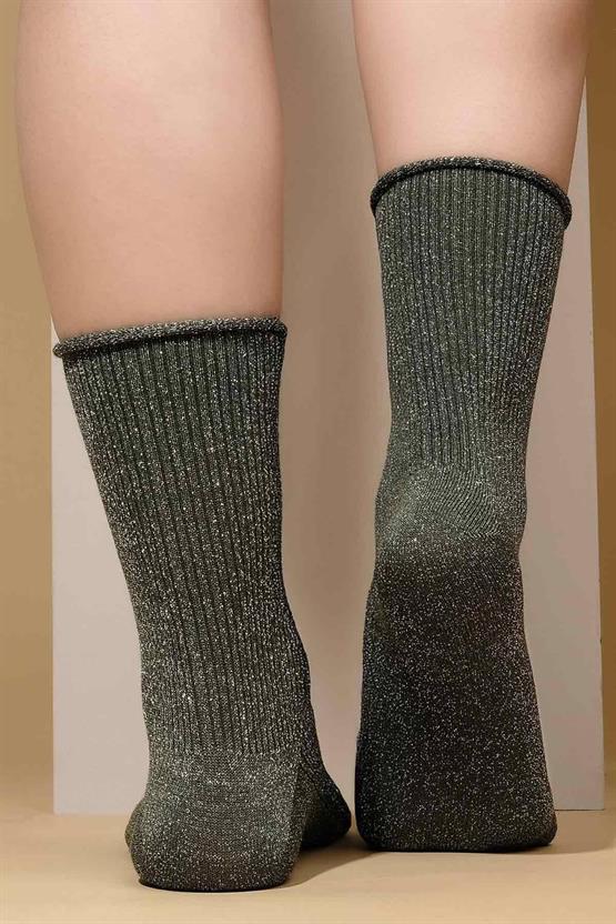 Mısırlı Kadın Bambu Simli Soket Çorap Yeşil