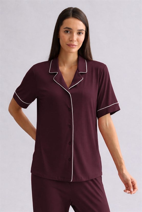 Mısırlı Kadın Bambu Kısa Kol Pijama Üst Bordo