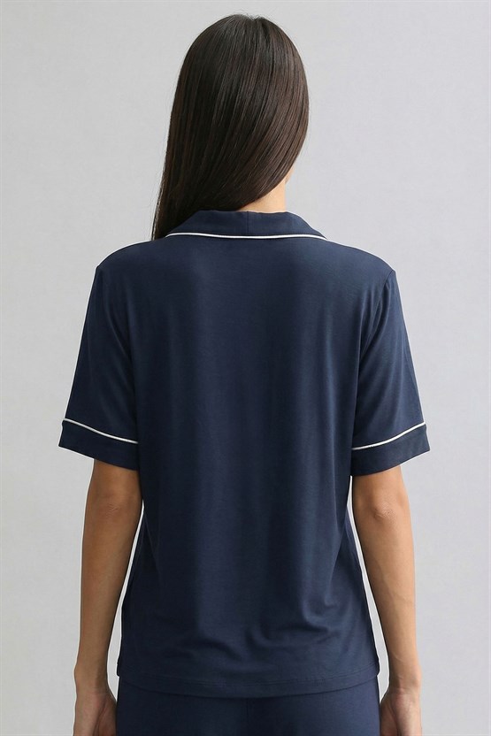 Mısırlı Kadın Bambu Kısa Kol Pijama Üst Lacivert