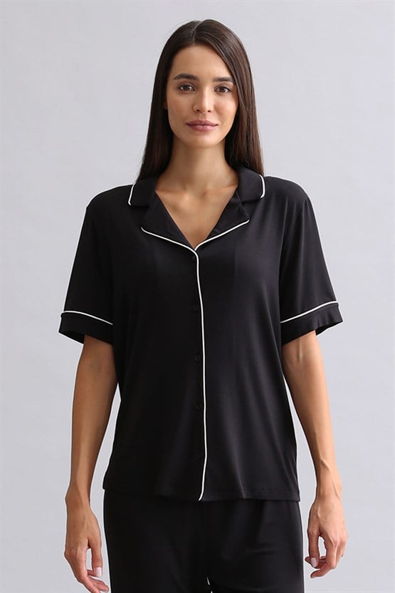 Mısırlı Kadın Bambu Kısa Kol Pijama Üst Siyah