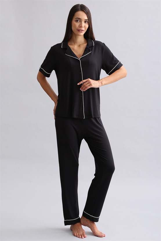 Mısırlı Kadın Bambu Kısa Kol Pijama Üst Siyah