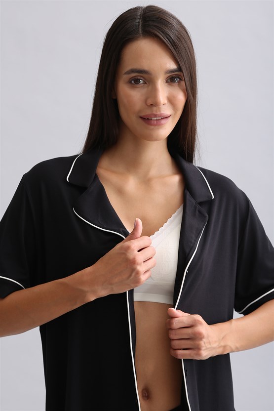 Mısırlı Kadın Bambu Kısa Kol Pijama Üst Siyah