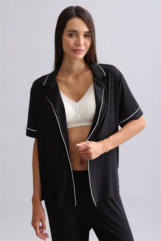 Mısırlı Kadın Bambu Kısa Kol Pijama Üst Siyah