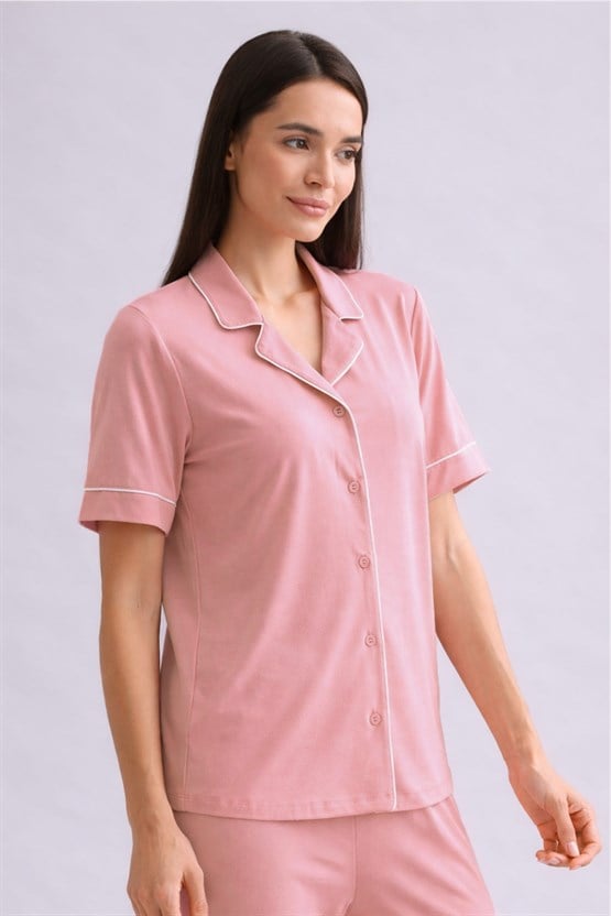 Mısırlı Kadın Bambu Kısa Kol Pijama Üst Toz Pembe