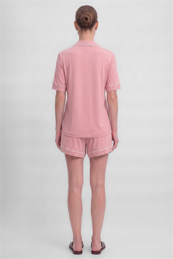 Mısırlı Kadın Bambu Pijama Gömlek Sort Takım Toz Pembe