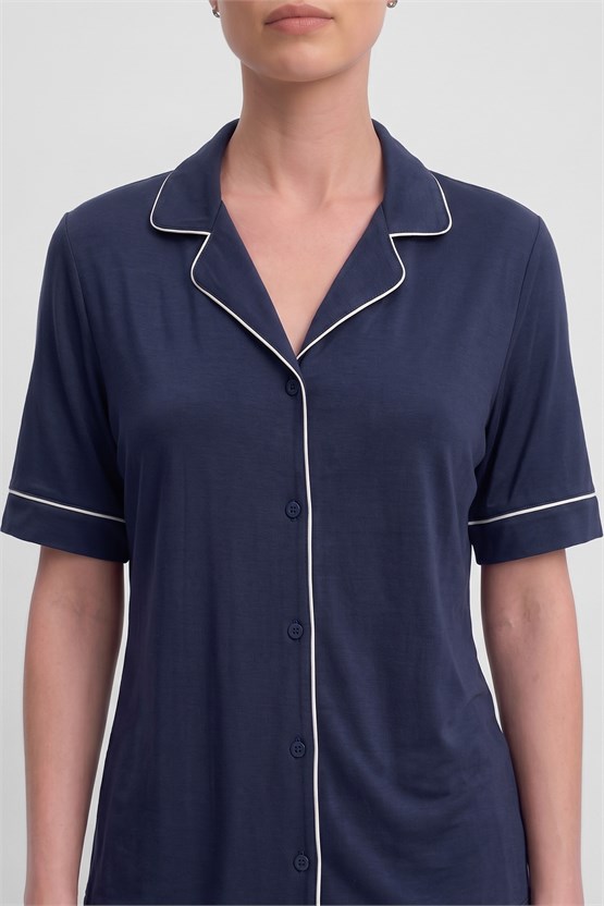 Mısırlı Kadın Bambu Pijama Gömlek Sort Takım Lacivert