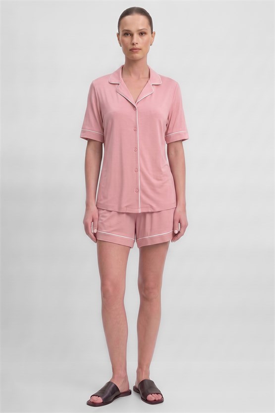 Mısırlı Kadın Bambu Pijama Gömlek Sort Takım Toz Pembe