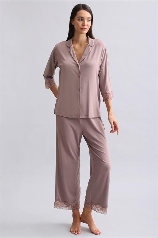 Mısırlı Kadın Bambu Pijama Takımı Kahverengi