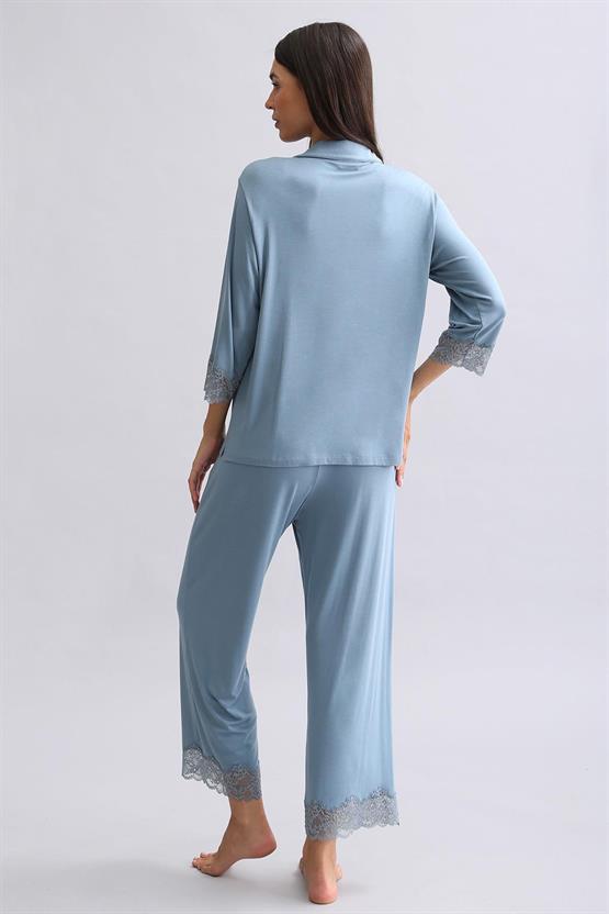 Mısırlı Kadın Bambu Pijama Takımı Petrol Mavi