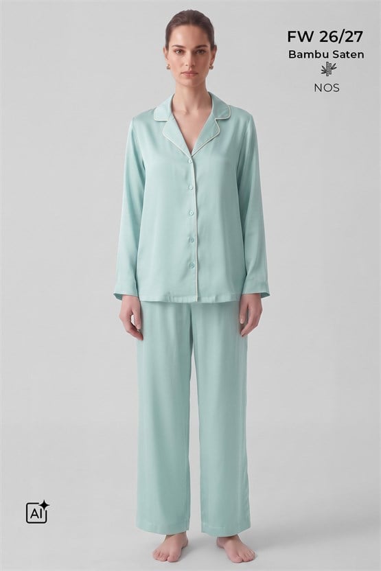 Mısırlı Kadın Bambu Saten Biye Detaylı Pijama Takımı Çağla Yeşili