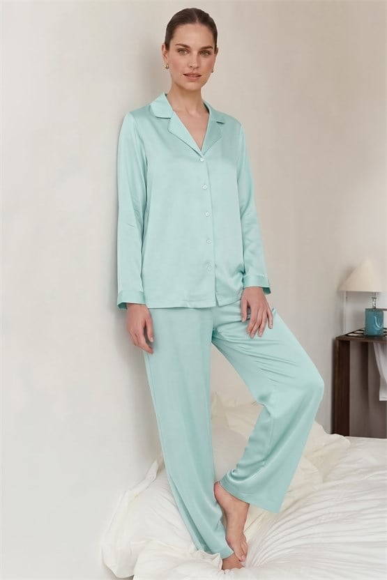 Mısırlı Kadın Bambu Saten Biye Detaylı Pijama Takımı Çağla Yeşili