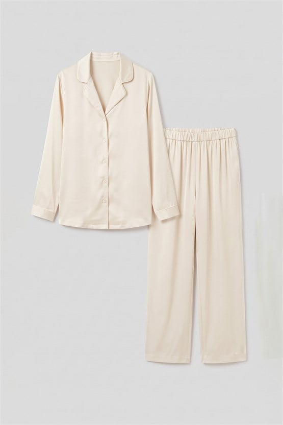 Mısırlı Kadın Bambu Saten Biye Detaylı Pijama Takımı Ekru