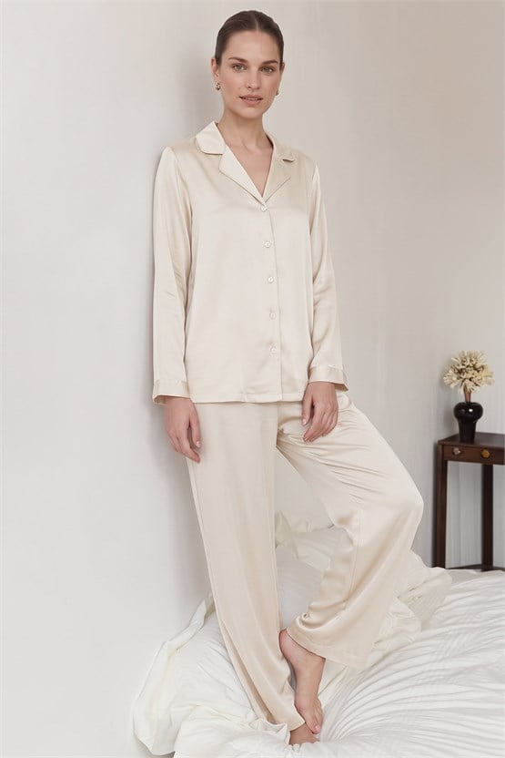 Mısırlı Kadın Bambu Saten Biye Detaylı Pijama Takımı Ekru