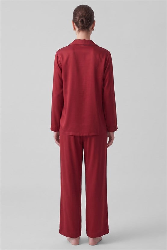 Mısırlı Kadın Bambu Saten Biye Detaylı Pijama Takımı Bordo