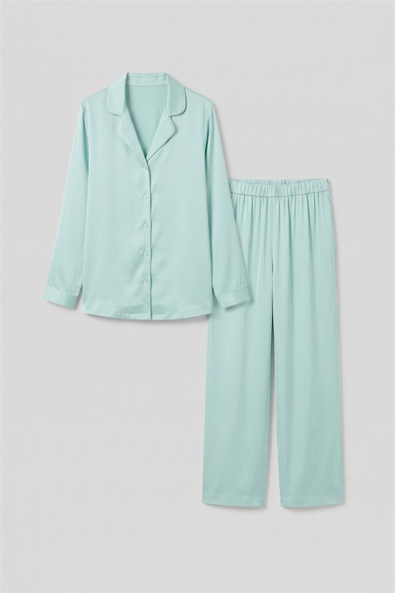 Mısırlı Kadın Bambu Saten Biye Detaylı Pijama Takımı Çağla Yeşili