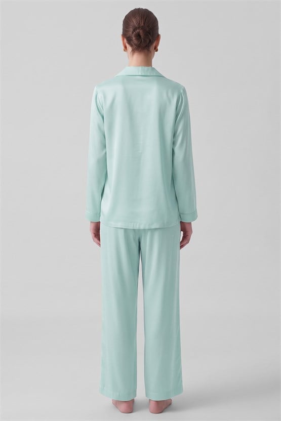 Mısırlı Kadın Bambu Saten Biye Detaylı Pijama Takımı Çağla Yeşili
