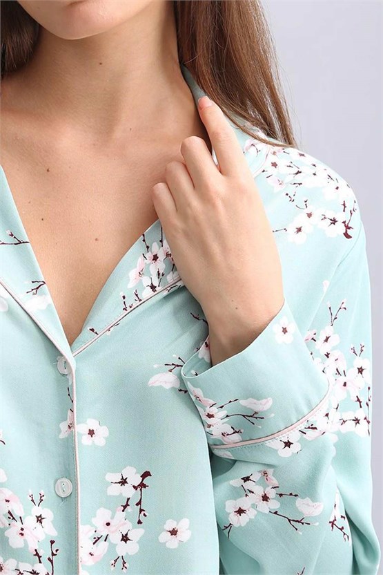 Mısırlı Kadın Bambu Saten Çiçekli Pijama Takımı Çağla Yeşili