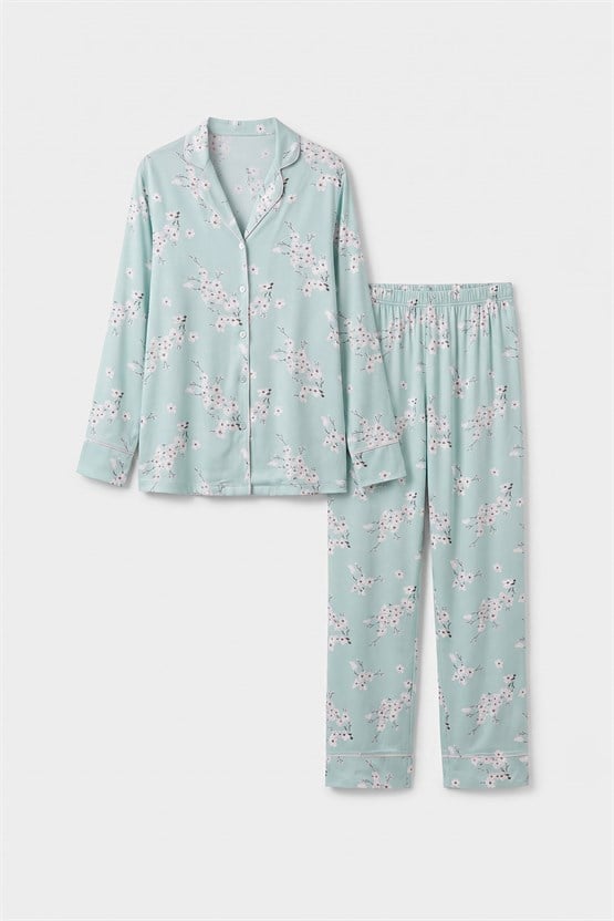 Mısırlı Kadın Bambu Saten Çiçekli Pijama Takımı Çağla Yeşili