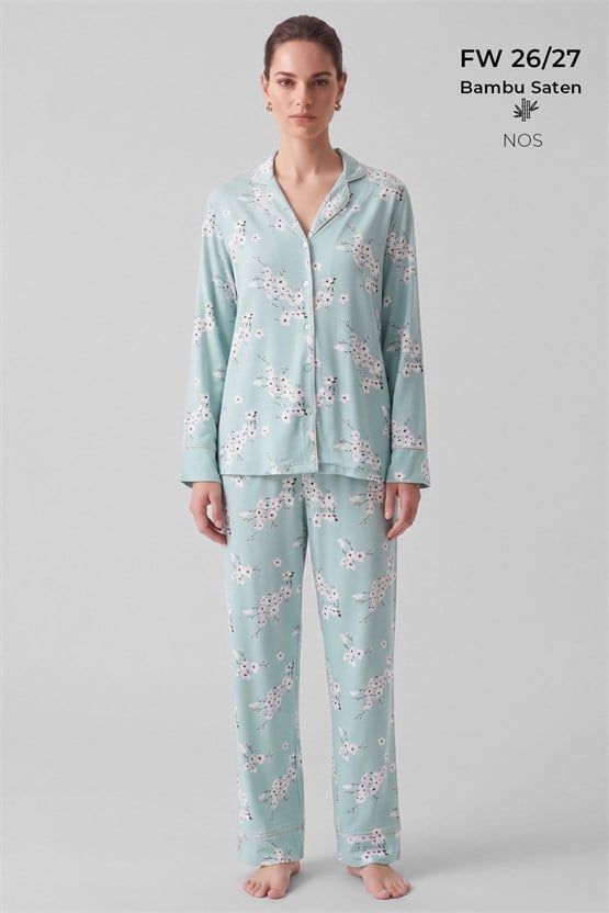 Mısırlı Kadın Bambu Saten Çiçekli Pijama Takımı Çağla Yeşili