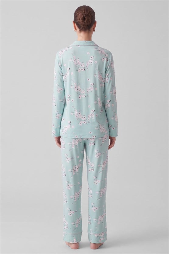 Mısırlı Kadın Bambu Saten Çiçekli Pijama Takımı Çağla Yeşili