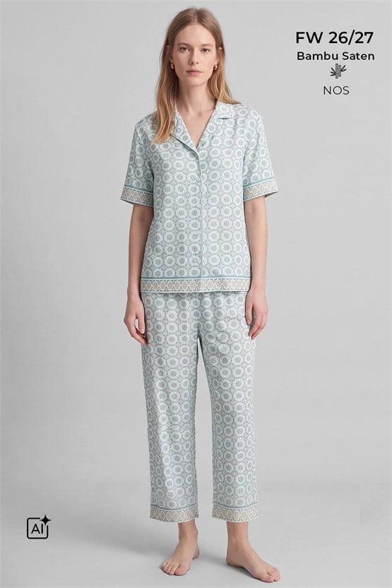 Mısırlı Kadın Bambu Saten Kısa Kol Pijama Takımı Çağla Yeşili