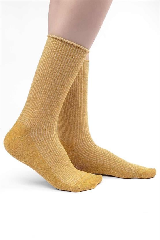 Mısırlı Kadın Bambu Simli Soket Çorap Safran