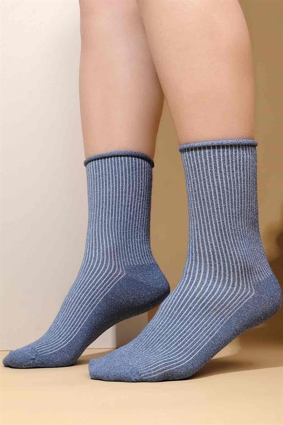 Mısırlı Kadın Bambu Simli Soket Çorap Mavi