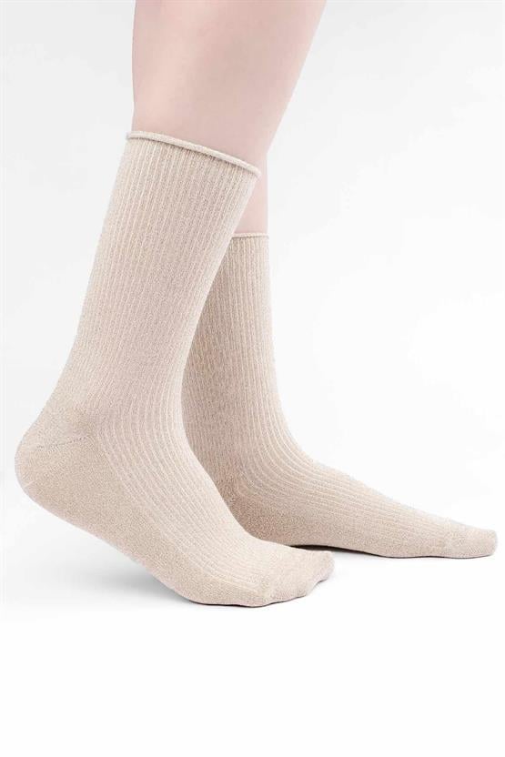 Mısırlı Kadın Bambu Simli Soket Çorap Bej