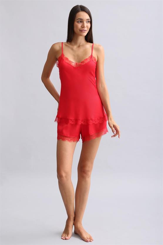 Mısırlı Kadın Bambu Şort Takımı Kırmızı
