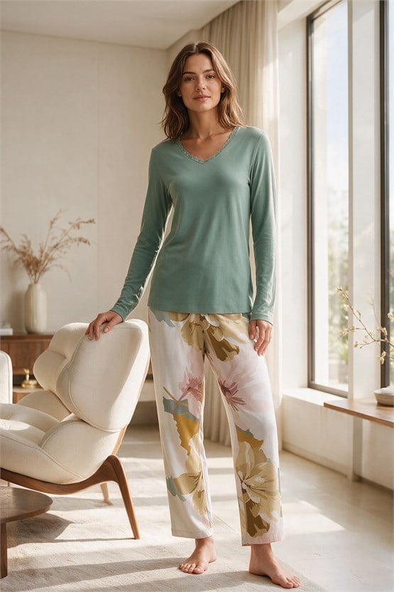 Mısırlı Kadın Bambu Sweatshirt Pijama İkili Takım Çağla Yeşili