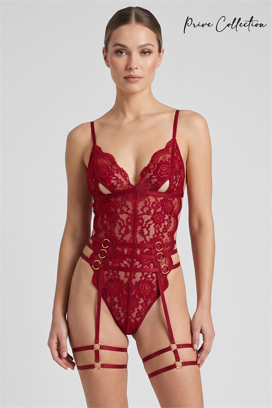 Mısırlı Kadın Dantelli Bant Detaylı Fantezi Body Bordo