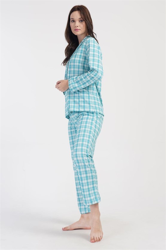 Mısırlı Kadın İki İplik Pamuklu Ekoseli Uzun Kollu Gömlek Pijama Takımı Mavi