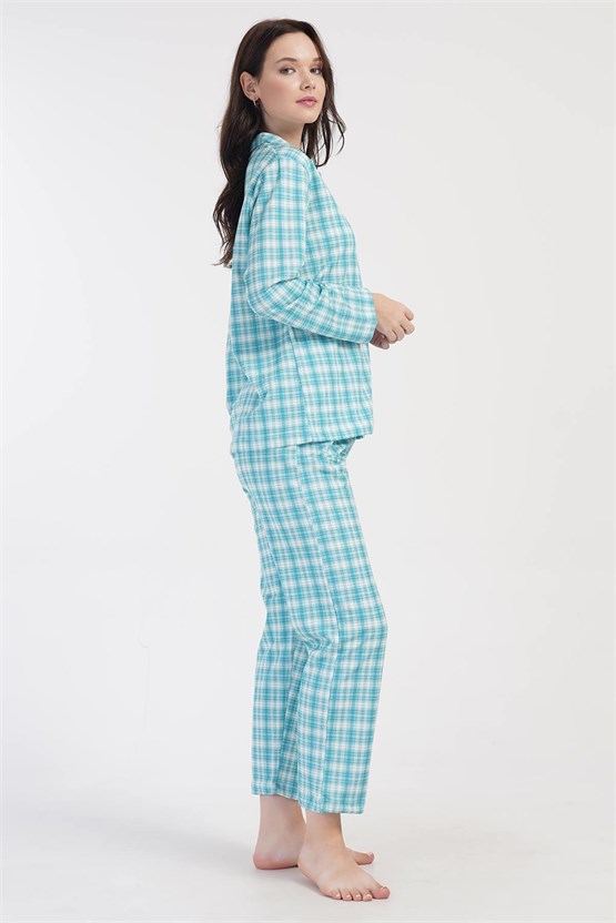 Mısırlı Kadın İki İplik Pamuklu Ekoseli Uzun Kollu Gömlek Pijama Takımı Mavi