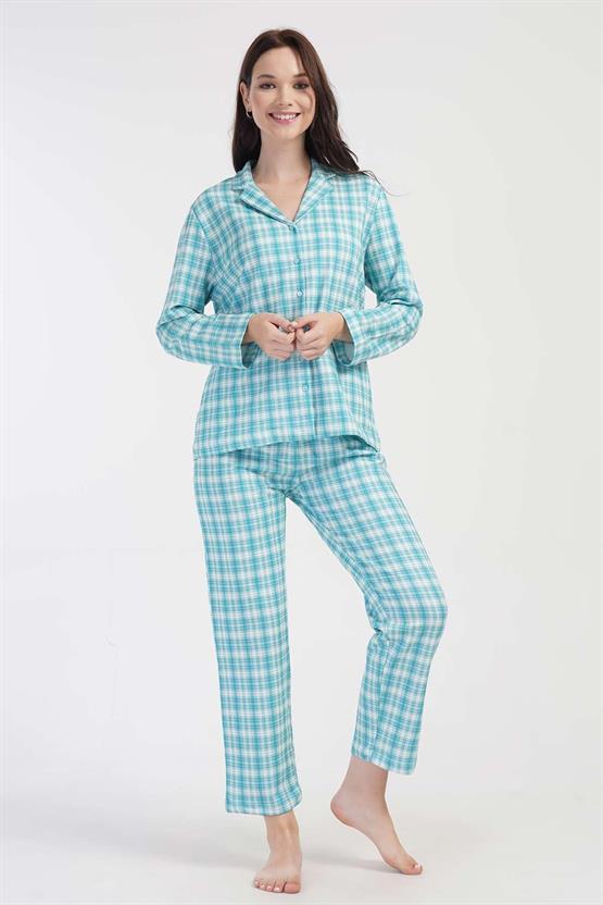 Mısırlı Kadın İki İplik Pamuklu Ekoseli Uzun Kollu Gömlek Pijama Takımı Mavi