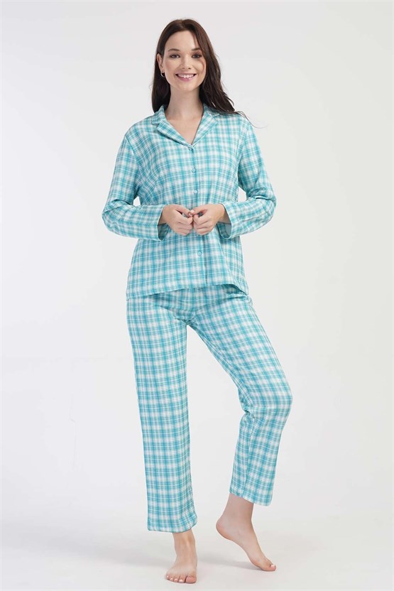 Mısırlı Kadın İki İplik Pamuklu Ekoseli Uzun Kollu Gömlek Pijama Takımı Mavi