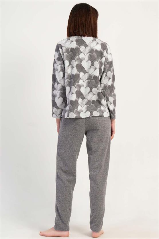 Mısırlı Kadın İnterlok Kalp Desenli Uzun Kollu Pijama Takımı Gri Melanj