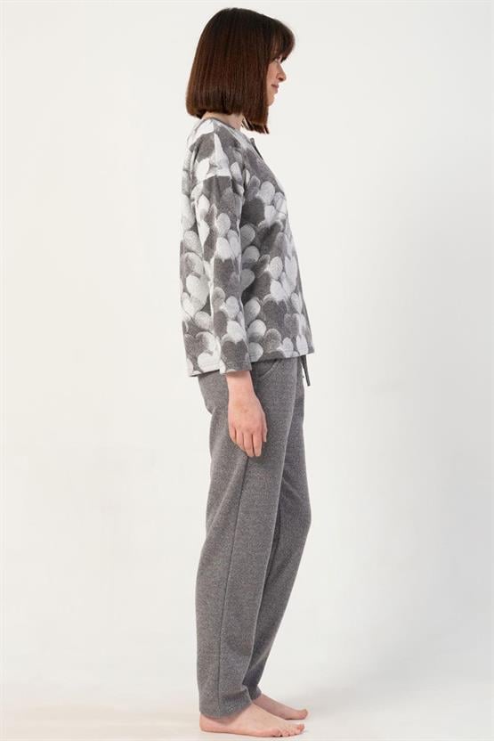 Mısırlı Kadın İnterlok Kalp Desenli Uzun Kollu Pijama Takımı Gri Melanj