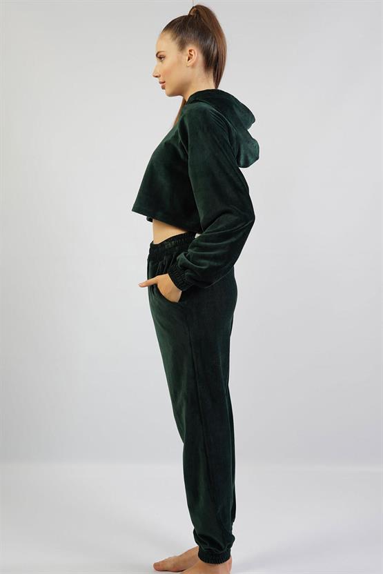 Mısırlı Kadın Kadife Uzun Kollu Haki Pijama Takımı