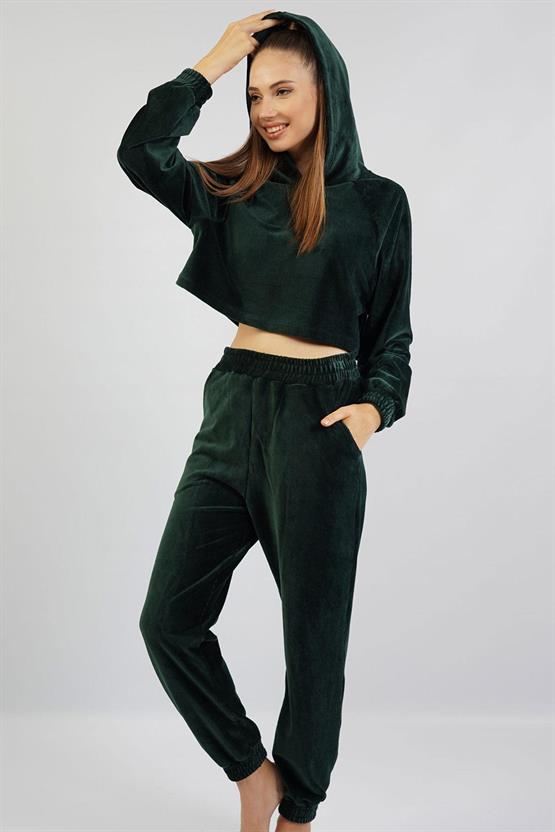 Mısırlı Kadın Kadife Uzun Kollu Haki Pijama Takımı