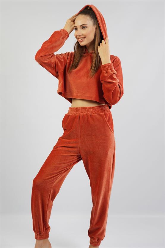 Mısırlı Kadın Kadife Uzun Kollu Kiremit Pijama Takımı