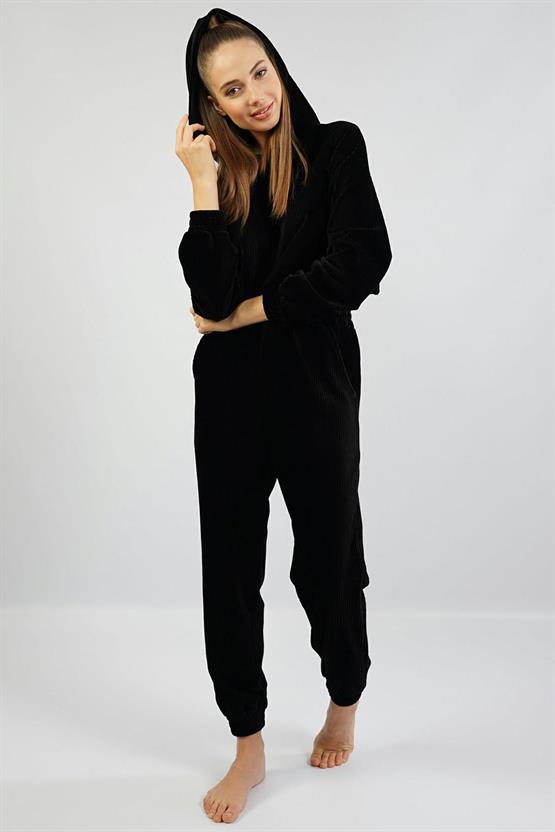 Mısırlı Kadın Kadife Uzun Kollu Siyah Pijama Takımı