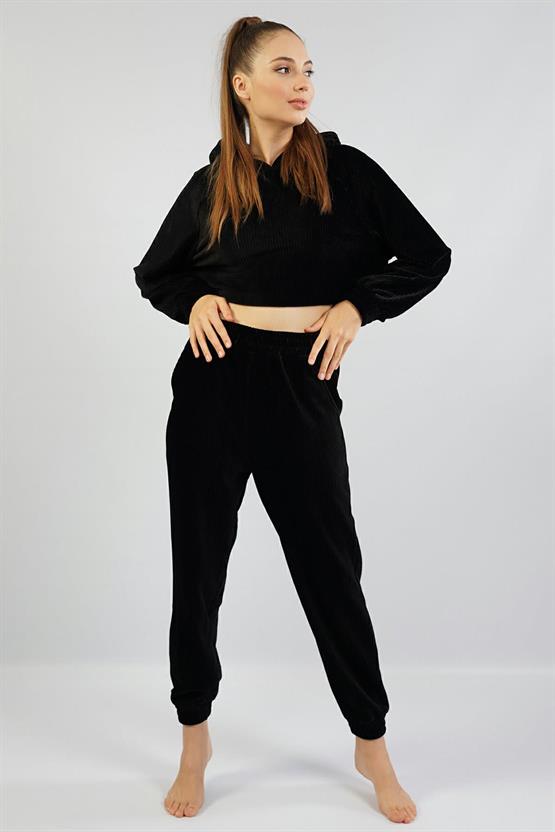 Mısırlı Kadın Kadife Uzun Kollu Siyah Pijama Takımı
