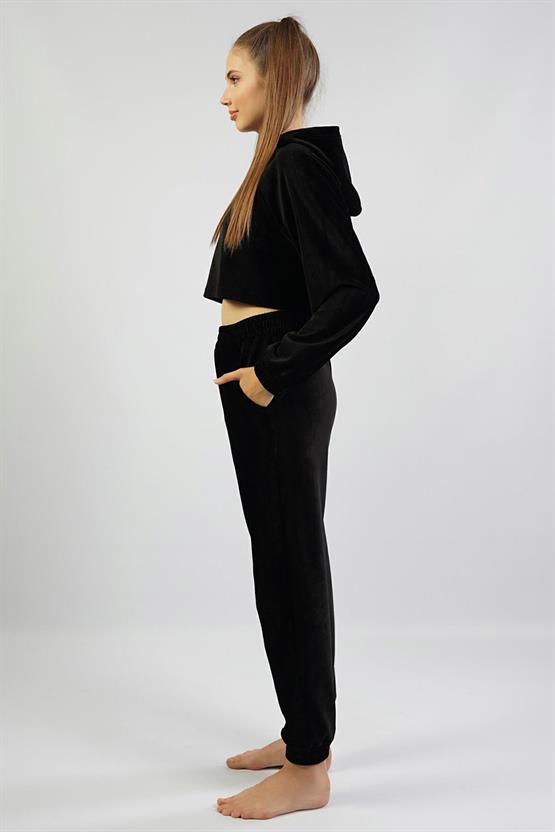 Mısırlı Kadın Kadife Uzun Kollu Siyah Pijama Takımı
