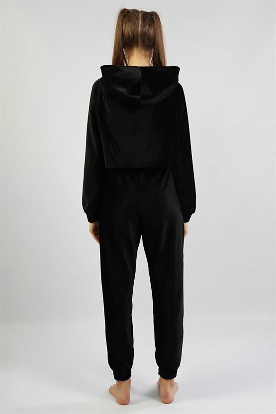 Mısırlı Kadın Kadife Uzun Kollu Siyah Pijama Takımı