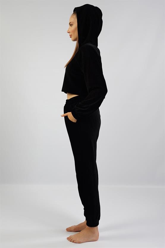 Mısırlı Kadın Kadife Uzun Kollu Siyah Pijama Takımı