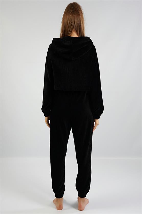 Mısırlı Kadın Kadife Uzun Kollu Siyah Pijama Takımı