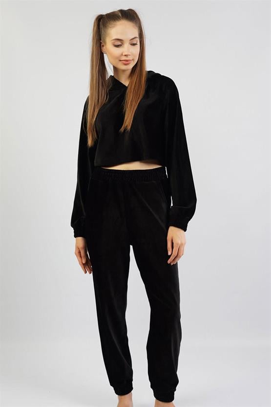 Mısırlı Kadın Kadife Uzun Kollu Siyah Pijama Takımı