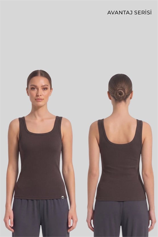 Mısırlı Kadın Kaşkorse Sırt Açık Askılı Tshirt Kahverengi